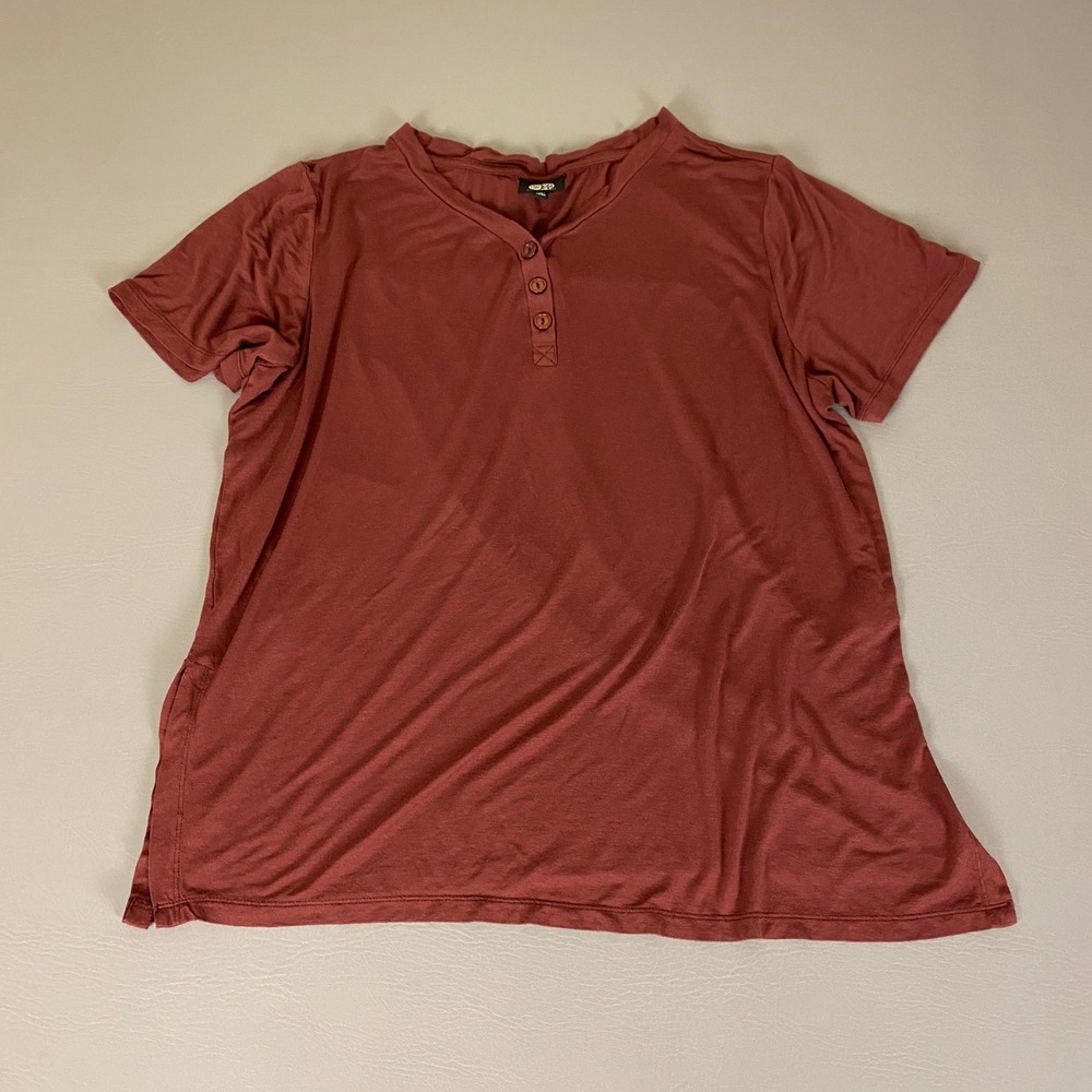 Bobeau Button Up Henley Shirt Top Women's Plus 1X Red Short Sleeve Casual Knit